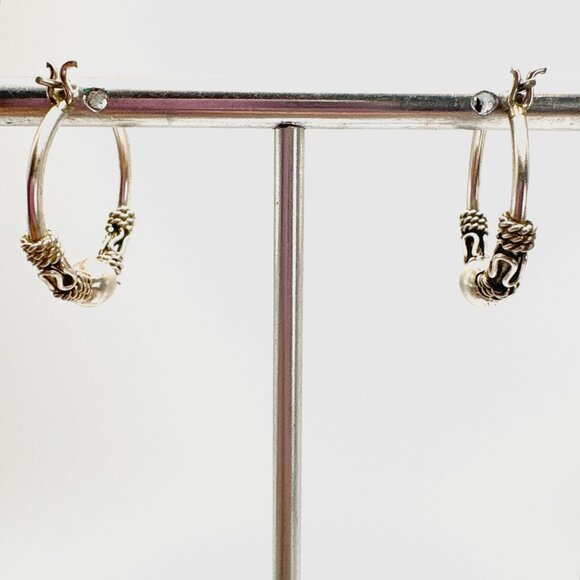 VTG Sterling Silver 925 Bead & Rope Design Hoop Earrings Size 1" Length - Picture 3 of 9